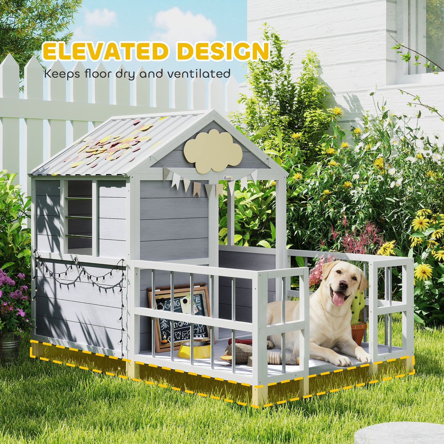 Outdoor Dog House, 61"L Wooden Dog House with Porch, Weatherproof Roof, Elevated Base, Air Vents & Observation Windows