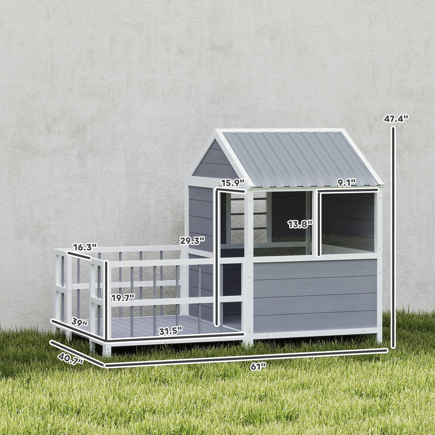 Outdoor Dog House, 61"L Wooden Dog House with Porch, Weatherproof Roof, Elevated Base, Air Vents & Observation Windows
