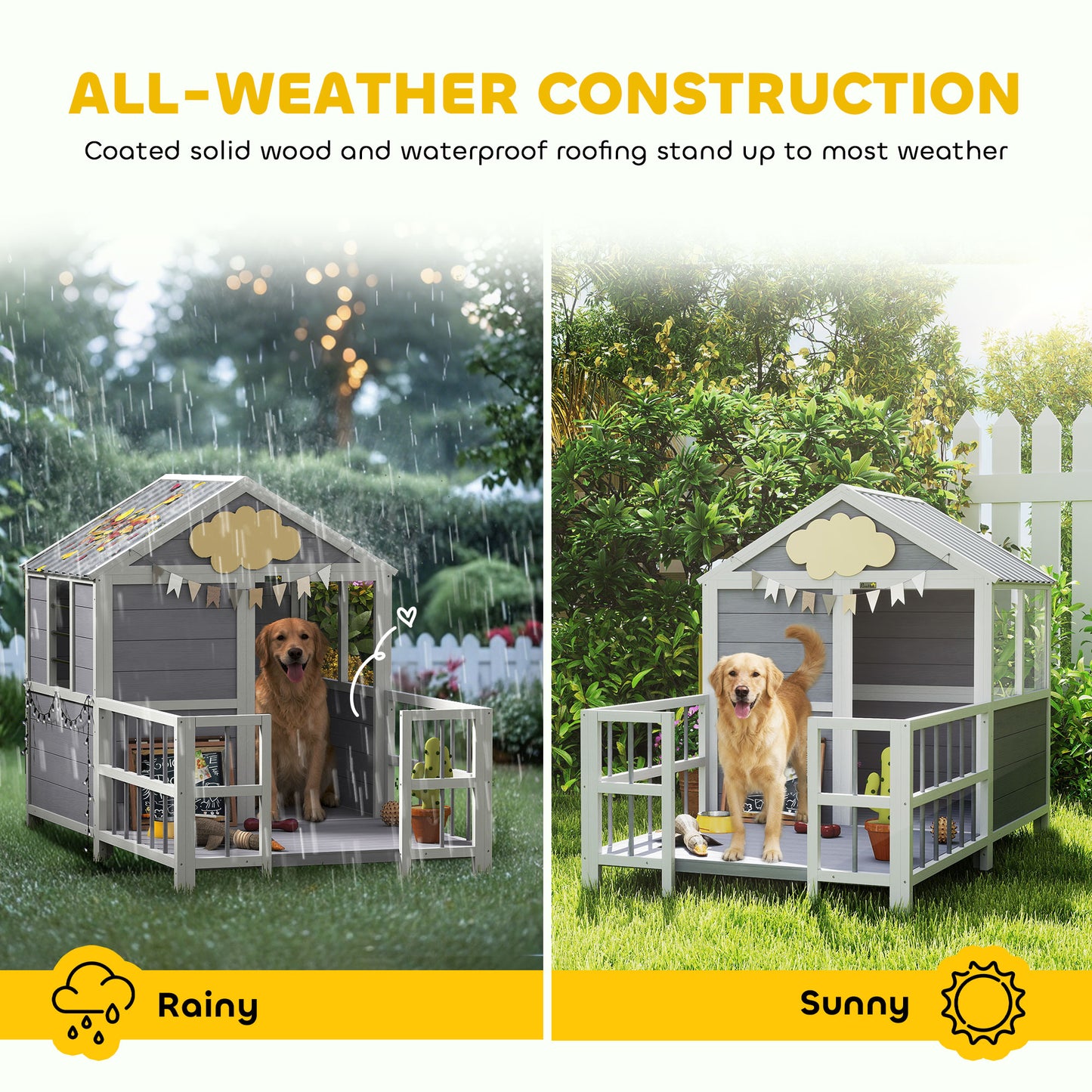 Outdoor Dog House, 61"L Wooden Dog House with Porch, Weatherproof Roof, Elevated Base, Air Vents & Observation Windows